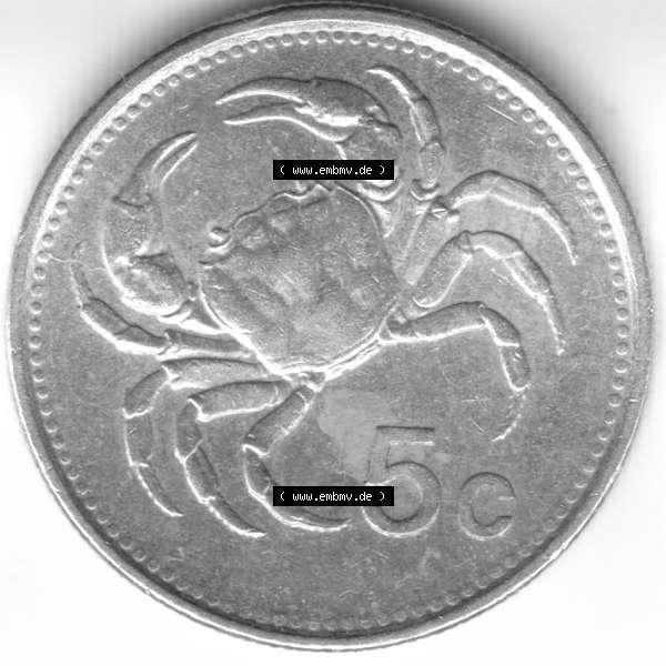 Grau bzw. s/w Münzen Malta Umlaufmünze 1986, 5 Cent, Rückseite Sammlung Graustufen