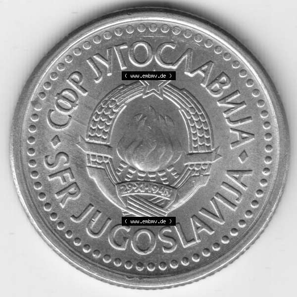 Grau bzw. s/w Münzen Jugoslawien Umlaufmünze 1990, 1 Dinara, Bild mit Rückseite der Münze als Bildmaterial Sammlung Graustufen