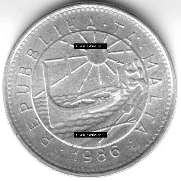 Grau bzw. s/w Münzen Malta Umlaufmünze 1986, 5 Cent, Vorderseite Sammlung Graustufen