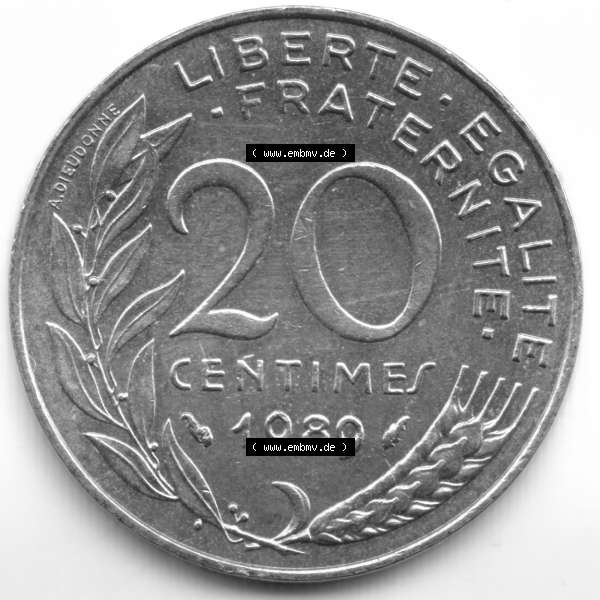 Grau bzw. s/w Münze Frankreich 1989, 20 Centimes. Vorderseite der alten französischen Umlaufmünze aus Frankreich in der Francs-Währung zum katalogisieren und verwalten im Münzen-Katalog... Sammlung Graustufen