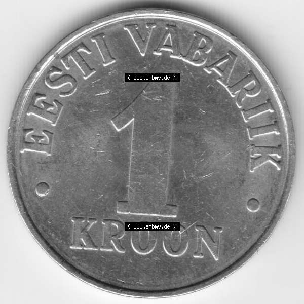 Grau bzw. s/w Münzen Estland Umlaufmünze 1995, 1 Kroon Vabariik. Vorderseite der alten estländische Umlaufmünze aus Estland zum katalogisieren und verwalten im Münzen-Katalog Estland... Sammlung Graustufen