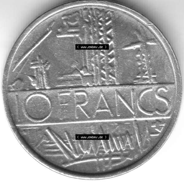 Grau bzw. s/w Münze Frankreich 1973, 10 Francs. Rückseite der alten französischen Umlaufmünze aus Frankreich in der Francs-Währung zum katalogisieren und verwalten im Münzen-Katalog... Sammlung Graustufen