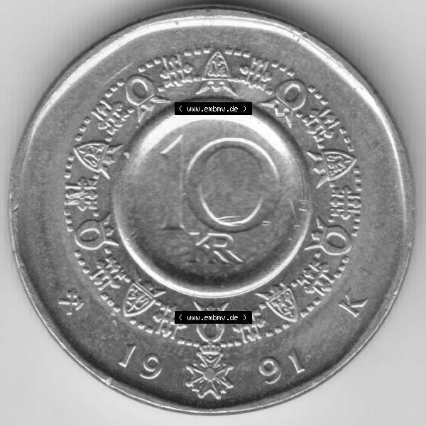Grau bzw. s/w Münzen Norwegen Umlaufmünze 1983-1991, 10 KR Kroner, Kronen 1991, Bild mit Vorderseite der Münze aus Norwegen als Bildmaterial, für dich selbst Sammlung Graustufen