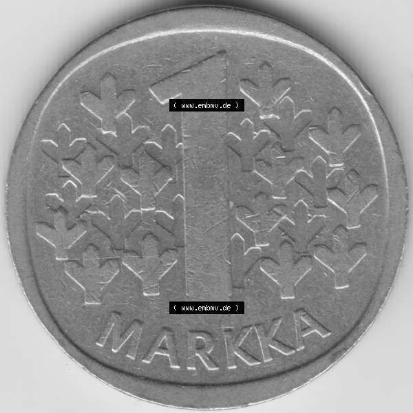 Grau bzw. s/w Münzen Finnland Umlaufmünze 1973, 1 Markka Finnland. Vorderseite der alten finnischen Umlaufmünze aus Finnland SUOMI zum katalogisieren und verwalten im Münzen-Katalog... Sammlung Graustufen