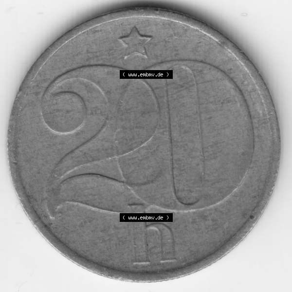 Grau bzw. s/w Münzen Tschechoslowakei Umlaufmünze 1977. Rückseite der Münze aus Tschechoslowakei als Bildmaterial für Sammler und Münzen-Webseiten hier im online Katalog und Datenbank... Sammlung Graustufen