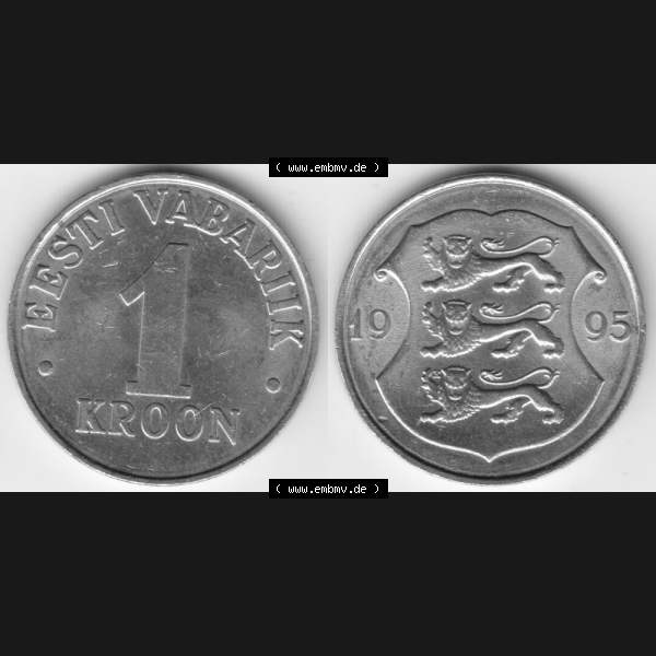 Grau bzw. s/w Münzen Estland Umlaufmünze 1995, 1 Kroon Vabariik. Vorderseite und Rückseite horizontal auf einen digitalen Bild der alten estländische Umlaufmünze aus Estland zum... Sammlung Graustufen