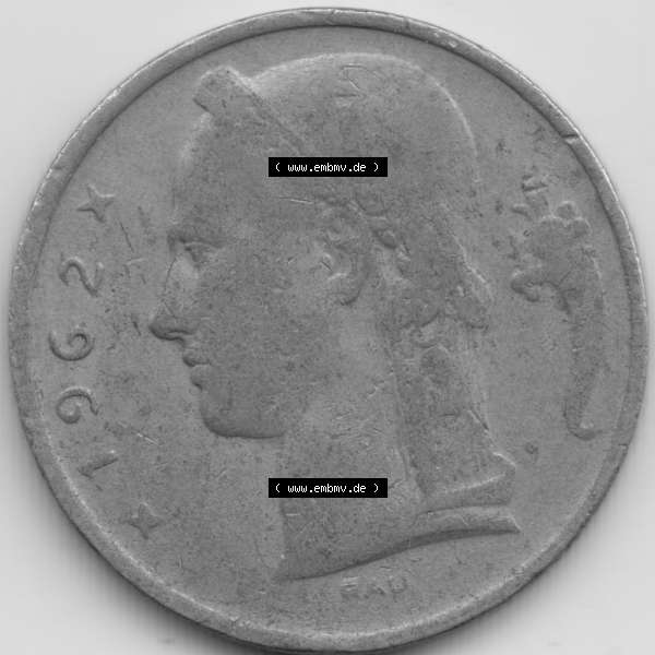 Grau bzw. s/w Münzen Belgien Umlaufmünze 1962. Vorderseite der alten belgischen Francs Umlaufmünze aus Belgien vor Einführung der Euromünzen in Belgien zum katalogisieren und verwalten... Sammlung Graustufen