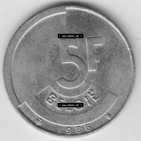 Grau bzw. s/w Münzen Belgien Umlaufmünze 1986. Vorderseite der alten belgischen Francs Umlaufmünze aus Belgien vor Einführung der Euromünzen in Belgien zum katalogisieren und verwalten... Sammlung Graustufen