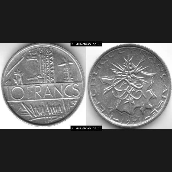 Grau bzw. s/w Münze Frankreich 1973, 10 Francs (3) Sammlung Graustufen