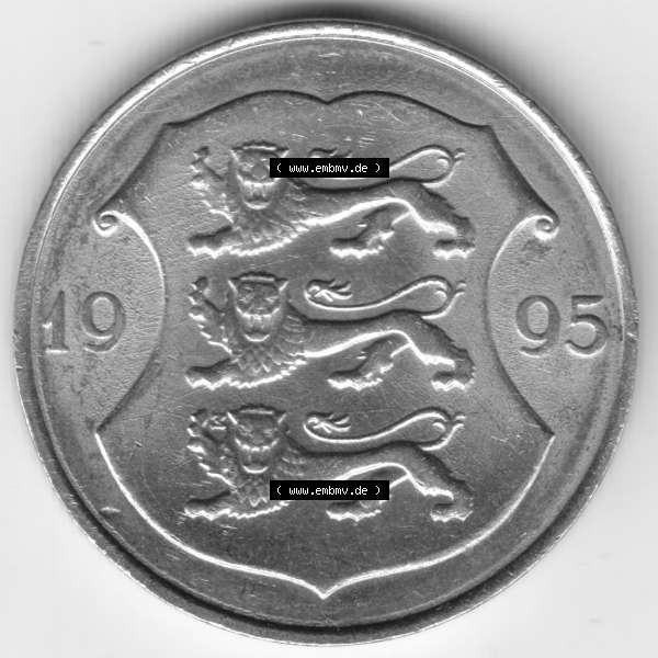 Grau bzw. s/w Münzen Estland Umlaufmünze 1995, 1 Kroon Vabariik. Rückseite der alten estländische Umlaufmünze aus Estland zum katalogisieren und verwalten im Münzen-Katalog... Sammlung Graustufen