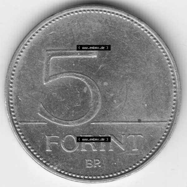 Grau bzw. s/w Münzen Ungarn Umlaufmünze 2006, 5 Forint. Rückseite der Münze aus Ungarn als Bildmaterial für Sammler und Münzen-Webseiten hier im online Katalog und Datenbank... Sammlung Graustufen