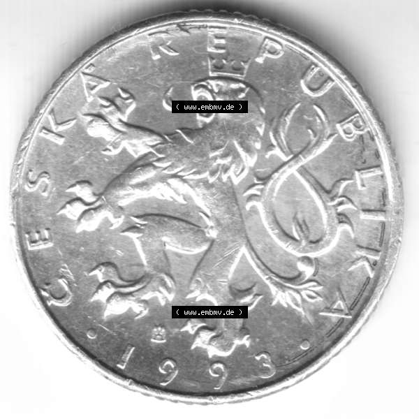 Grau bzw. s/w Münzen Tschechoslowakei Umlaufmünze 1993. Vorderseite der Münze aus Tschechoslowakei als Bildmaterial für Sammler und Münzen-Webseiten hier im online Katalog und Datenbank... Sammlung Graustufen