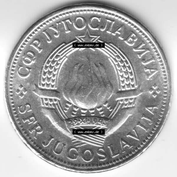 Grau bzw. s/w Münzen Jugoslawien Umlaufmünze 197, Bild mit Rückseite der Münze zum Download, 5 Dinara, Dinarjev (2) Sammlung Graustufen