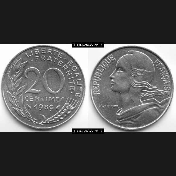Grau bzw. s/w Münze Frankreich 1989, 20 Centimes. Vorderseite und Rückseite horizontal auf einen digitalen Bild der alten französischen Umlaufmünze aus Frankreich in der Francs-Währung... Sammlung Graustufen