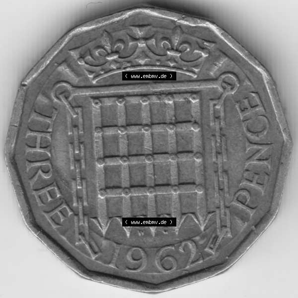 Grau bzw. s/w Münzen Großbritannien Umlaufmünze 1962, 3 Pence. Vorderseite der alten britischen Münze aus Großbritannien zum katalogisieren und verwalten im Münzen-Katalog... Sammlung Graustufen