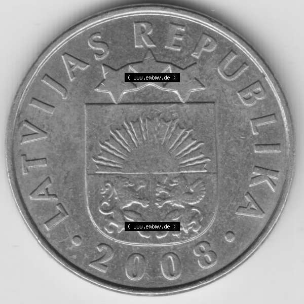 Grau bzw. s/w Münzen Lettland Umlaufmünze 2008, 10 Santimu Latvijas Lavitas, Bild mit Rückseite der Münze als Bildmaterial Sammlung Graustufen