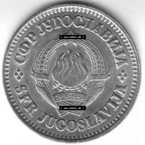 Grau bzw. s/w Münzen Jugoslawien Umlaufmünze 1975, 50 Para, Par, Napa, Bild mit Rückseite der Münze als Bildmaterial Sammlung Graustufen