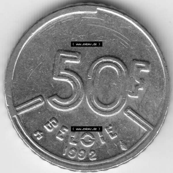 Grau bzw. s/w Münzen Belgien Umlaufmünze 1992. Rückseite der alten belgischen Francs Umlaufmünze aus Belgien vor Einführung der Euromünzen in Belgien zum katalogisieren und verwalten... Sammlung Graustufen