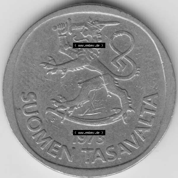 Grau bzw. s/w Münzen Finnland Umlaufmünze 1973, 1 Markka Finnland. Rückseite der alten finnischen Umlaufmünze aus Finnland SUOMI zum katalogisieren und verwalten im Münzen-Katalog... Sammlung Graustufen