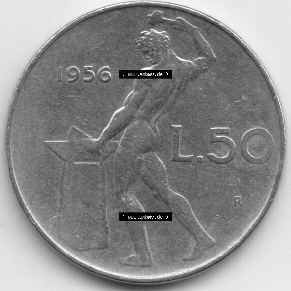 Grau bzw. s/w Münzen Italien Umlaufmünze 1954-1989, 50 Lire Kursmünze 1956. Vorderseite der alten italienischen Münze aus Italien in der italienischen Lira-Währung zum katalogisieren... Sammlung Graustufen