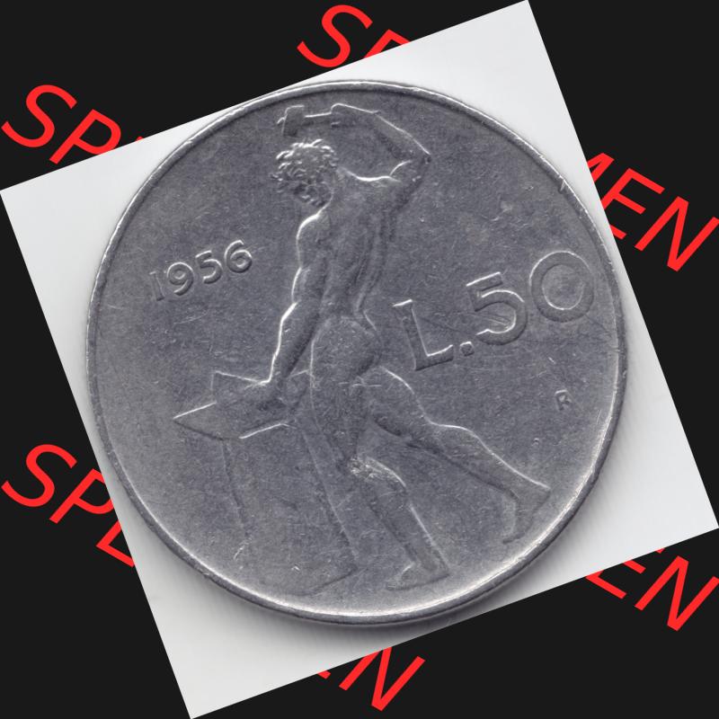 Münzen Italien Umlaufmünze 1954-1989, 50 Lire Kursmünze 1956. Vorderseite der alten italienischen Münze aus Italien in der italienischen Lira-Währung zum katalogisieren... Sammlung