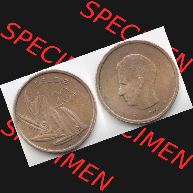 Münzen Belgien Umlaufmünze 1981. Vorderseite und Rückseite horizontal auf einen digitalen Bild der alten belgischen Francs Umlaufmünze aus Belgien vor Einführung der Euromünzen... Sammlung