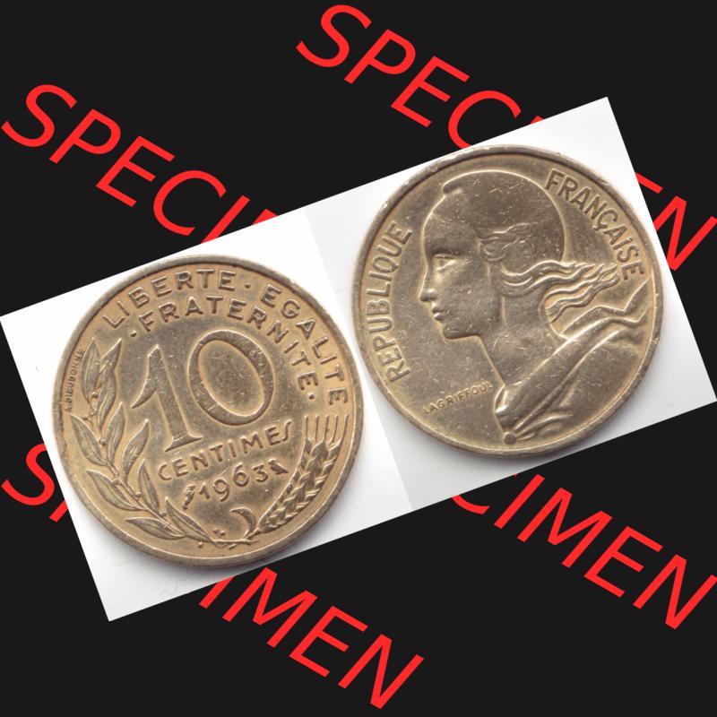 Münze Frankreich 1963, 10 Centimes. Vorderseite und Rückseite horizontal auf einen digitalen Bild der alten französischen Umlaufmünze 10 Cmes - Centimes - Cent aus Frankreich... Sammlung