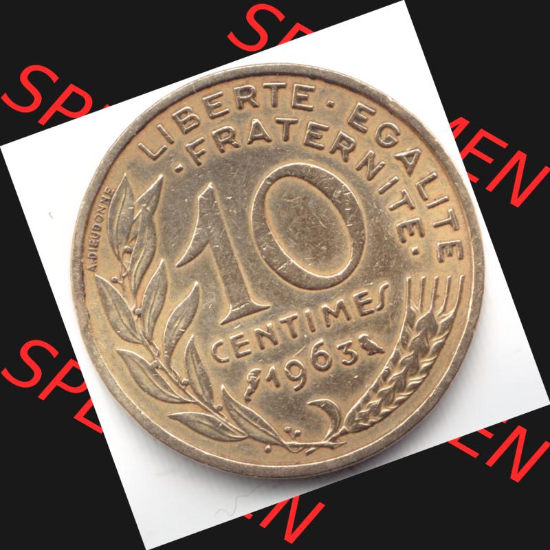 Münze Frankreich 1963, 10 Centimes. Rückseite der alten französischen Umlaufmünze 10 Cmes - Centimes - Cent aus Frankreich in der Francs-Währung zum katalogisieren... Sammlung