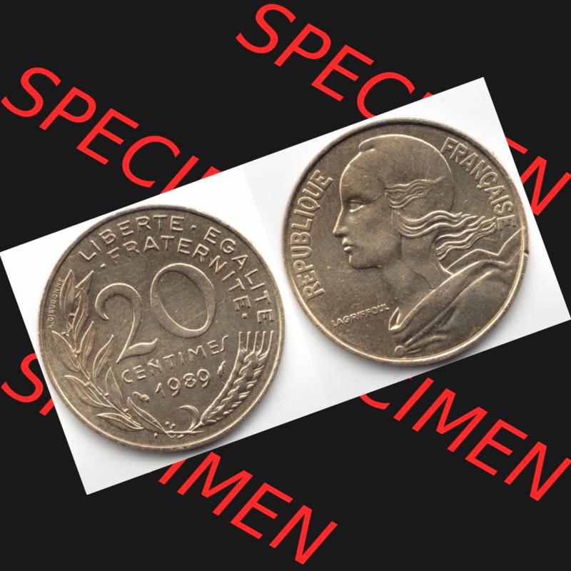 Münze Frankreich 1989, 20 Centimes. Vorderseite und Rückseite horizontal auf einen digitalen Bild der alten französischen Umlaufmünze aus Frankreich in der Francs-Währung... Sammlung