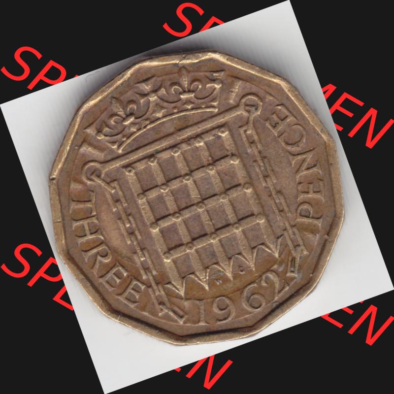 Münzen Großbritannien Umlaufmünze 1962, 3 Pence. Vorderseite der alten britischen Münze aus Großbritannien zum katalogisieren und verwalten im Münzen-Katalog... Sammlung