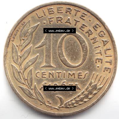 Münze Frankreich 1963, 10 Centimes. Rückseite der alten französischen Umlaufmünze 10 Cmes - Centimes - Cent aus Frankreich in der Francs-Währung zum katalogisieren... Sammlung