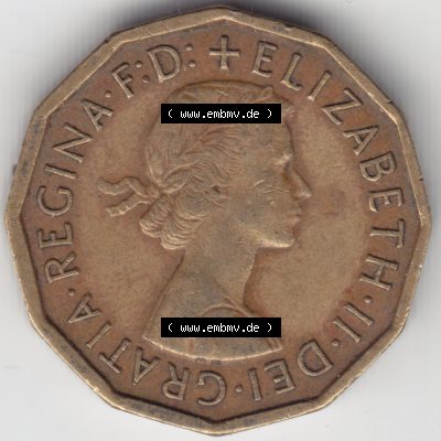 Münzen Großbritannien Umlaufmünze 1962, 3 Pence. Rückseite der alten britischen Münze aus Großbritannien zum katalogisieren und verwalten im Münzen-Katalog... Sammlung