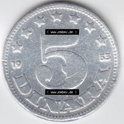 Münzen Jugoslawien Umlaufmünze 1953, 5 Dinara, Bild mit Vorderseite der Münze zum Download Sammlung