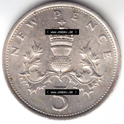 Münzen Großbritannien Umlaufmünze 1975, 5 New Pence-England. Rückseite der alten britischen Münze aus Großbritannien zum katalogisieren und verwalten im Münzen-Katalog... Sammlung