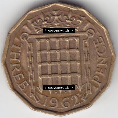 Münzen Großbritannien Umlaufmünze 1962, 3 Pence. Vorderseite der alten britischen Münze aus Großbritannien zum katalogisieren und verwalten im Münzen-Katalog... Sammlung