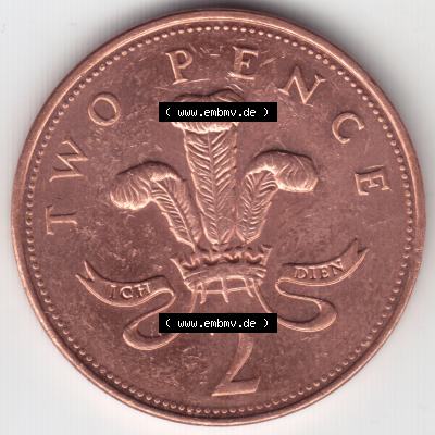 Münzen Großbritannien Umlaufmünze 2005, 2 Two Pence. Rückseite der alten britischen Münze aus Großbritannien zum katalogisieren und verwalten im Münzen-Katalog... Sammlung