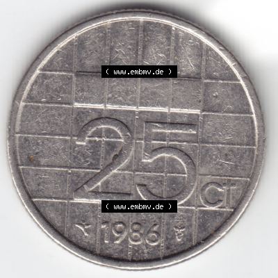 Münzen Niederlande Umlaufmünze 1986, 25 Cent, Bild mit Rückseite der Münze als Bildmaterial Sammlung