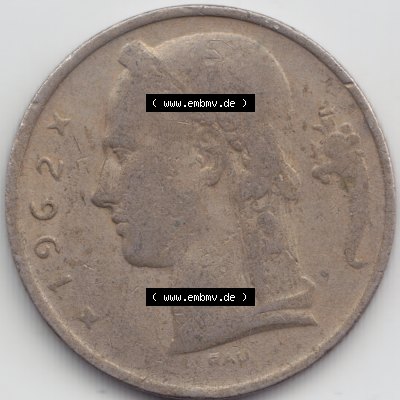Münzen Belgien Umlaufmünze 1962. Vorderseite der alten belgischen Francs Umlaufmünze aus Belgien vor Einführung der Euromünzen in Belgien zum katalogisieren und verwalten... Sammlung
