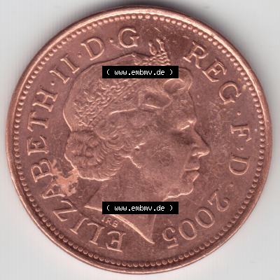 Münzen Großbritannien Umlaufmünze 2005, 2 Two Pence. Vorderseite der alten britischen Münze aus Großbritannien zum katalogisieren und verwalten im Münzen-Katalog... Sammlung