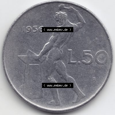Münzen Italien Umlaufmünze 1954-1989, 50 Lire Kursmünze 1956. Vorderseite der alten italienischen Münze aus Italien in der italienischen Lira-Währung zum katalogisieren... Sammlung