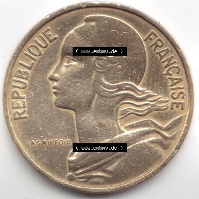 Münze Frankreich 1963, 10 Centimes. Vorderseite der alten französischen Umlaufmünze 10 Cmes - Centimes - Cent aus Frankreich in der Francs-Währung zum katalogisieren und... Sammlung