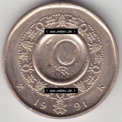 Münzen Norwegen Umlaufmünze 1983-1991, 10 KR Kroner, Kronen 1991, Bild mit Vorderseite der Münze aus Norwegen als Bildmaterial, für dich selbst Sammlung