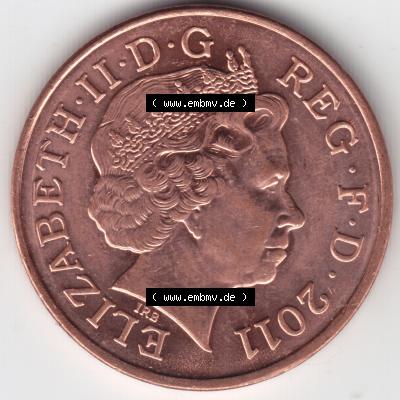 Münzen Großbritannien Umlaufmünze 2011, 2 Two Pence. Vorderseite der alten britischen Münze aus Großbritannien zum katalogisieren und verwalten im Münzen-Katalog... Sammlung