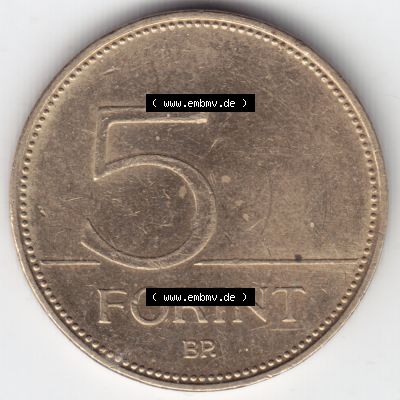 Münzen Ungarn Umlaufmünze 2006, 5 Forint. Rückseite der Münze aus Ungarn als Bildmaterial für Sammler und Münzen-Webseiten hier im online Katalog und Datenbank... Sammlung
