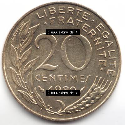 Münze Frankreich 1989, 20 Centimes. Vorderseite der alten französischen Umlaufmünze aus Frankreich in der Francs-Währung zum katalogisieren und verwalten im Münzen-Katalog... Sammlung
