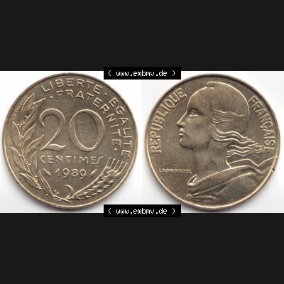 Münze Frankreich 1989, 20 Centimes. Vorderseite und Rückseite horizontal auf einen digitalen Bild der alten französischen Umlaufmünze aus Frankreich in der Francs-Währung... Sammlung