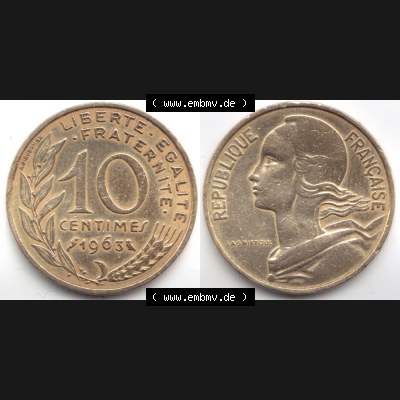 Münze Frankreich 1963, 10 Centimes. Vorderseite und Rückseite horizontal auf einen digitalen Bild der alten französischen Umlaufmünze 10 Cmes - Centimes - Cent aus Frankreich... Sammlung