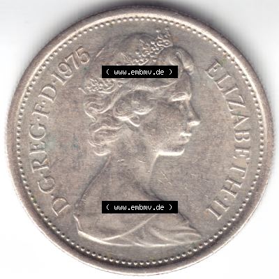 Münzen Großbritannien Umlaufmünze 1975, 5 New Pence-England. Vorderseite der alten britischen Münze aus Großbritannien zum katalogisieren und verwalten im Münzen-Katalog... Sammlung