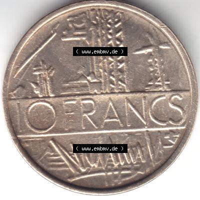 Münze Frankreich 1973, 10 Francs. Rückseite der alten französischen Umlaufmünze aus Frankreich in der Francs-Währung zum katalogisieren und verwalten im Münzen-Katalog... Sammlung