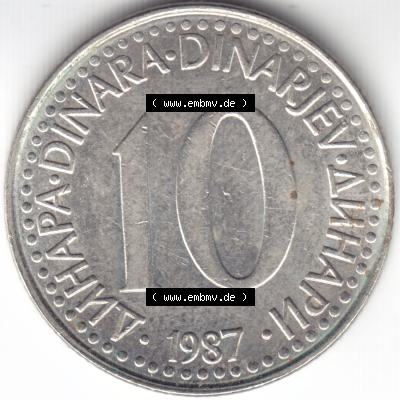 Münzen Jugoslawien Umlaufmünze 1987, 10 Dinara, Dinarjev, Bild mit Vorderseite der Münze als Bildmaterial Sammlung